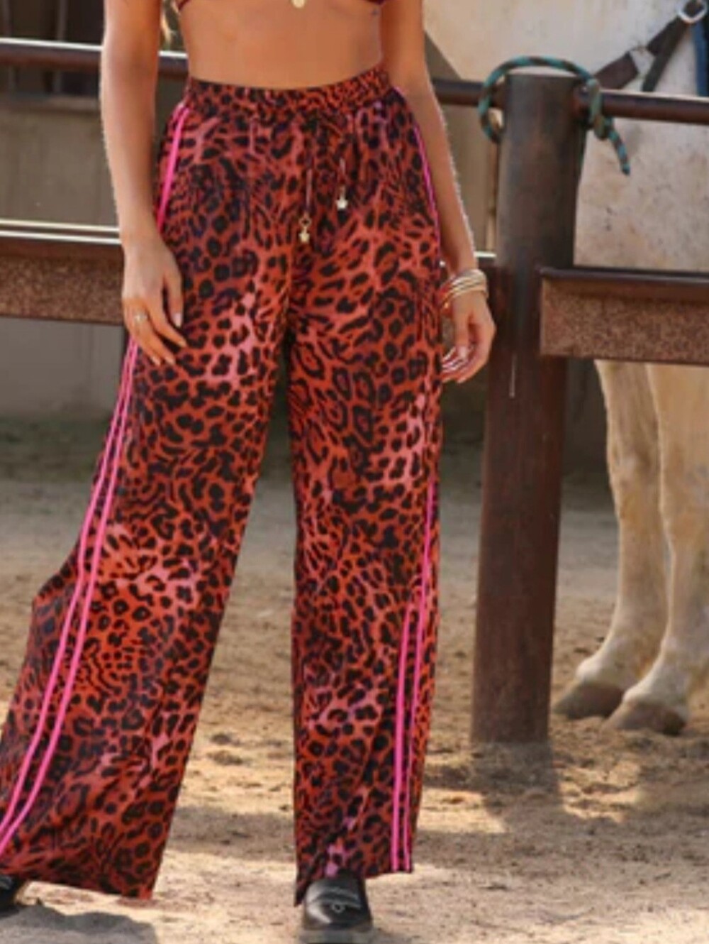 Kulani Kinis Red Leopard Wide-Leg Pants with Pink Stripes